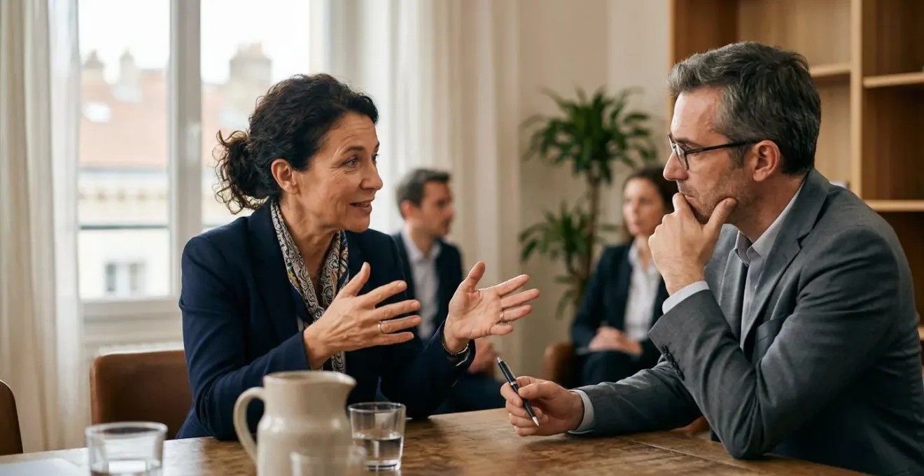 Scène de réunion professionnelle dans un bureau administratif français avec personnes en discussion autour d'une table