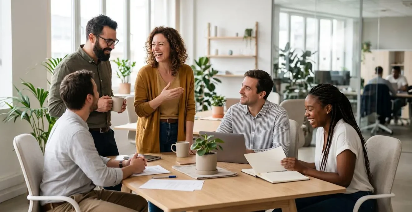 Espace de travail collaboratif moderne avec des employés en interaction naturelle autour d'un îlot central
