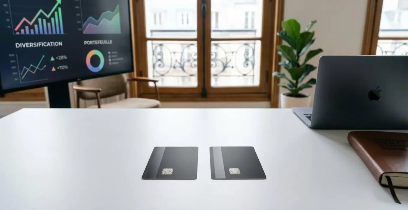 Bureau d'entrepreneur avec deux cartes bancaires professionnelles et documents financiers en arrière-plan flou