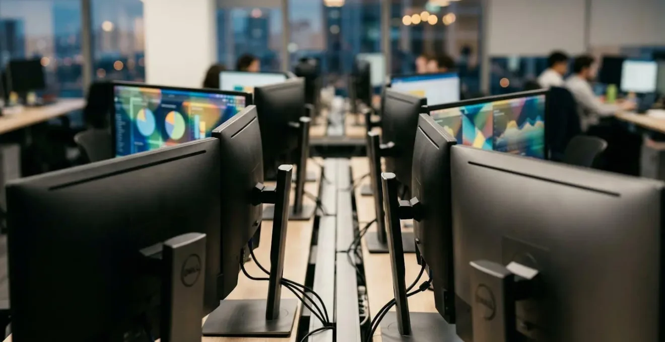 Écrans d'ordinateur montrant des graphiques financiers colorés vus de dos dans un bureau moderne