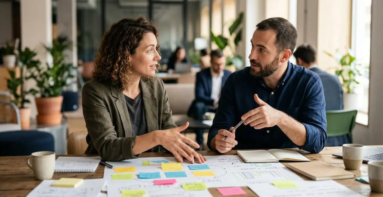 Deux entrepreneurs travaillant ensemble sur un projet avec post-its et tableaux de planification