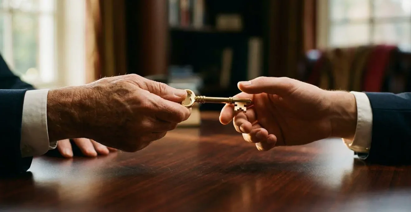 Deux générations d'entrepreneurs français échangeant des documents symbolisant la transmission d'entreprise