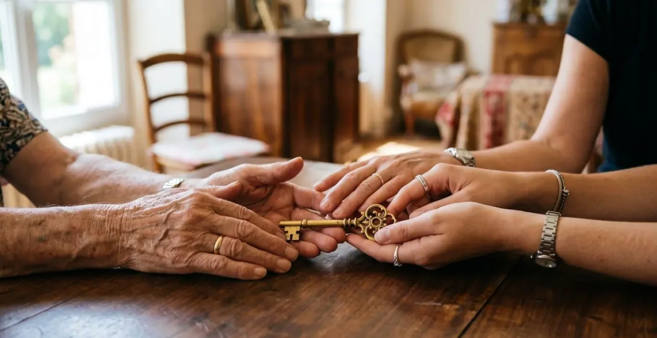 Mains de différentes générations tenant symboliquement une clé dorée