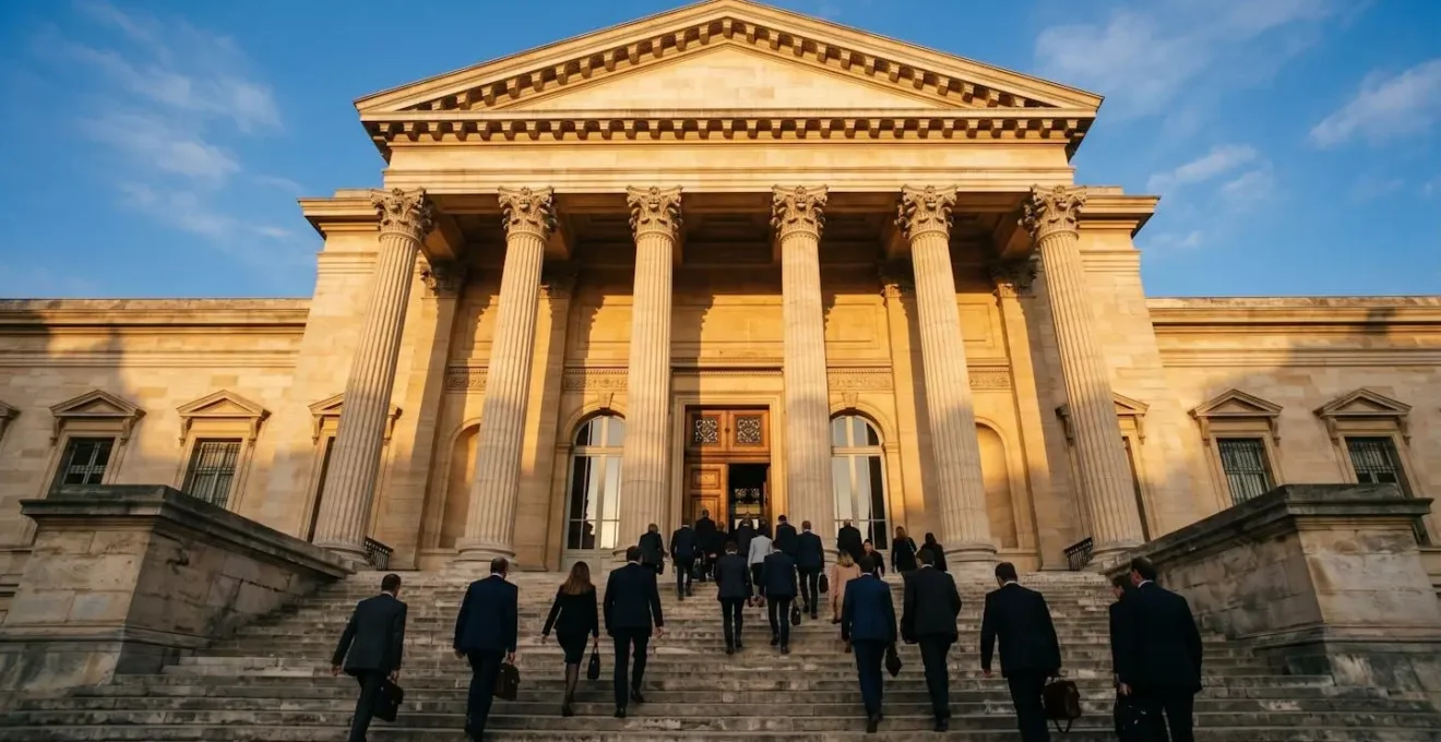 Façade majestueuse d'un tribunal de commerce français avec colonnes et architecture classique