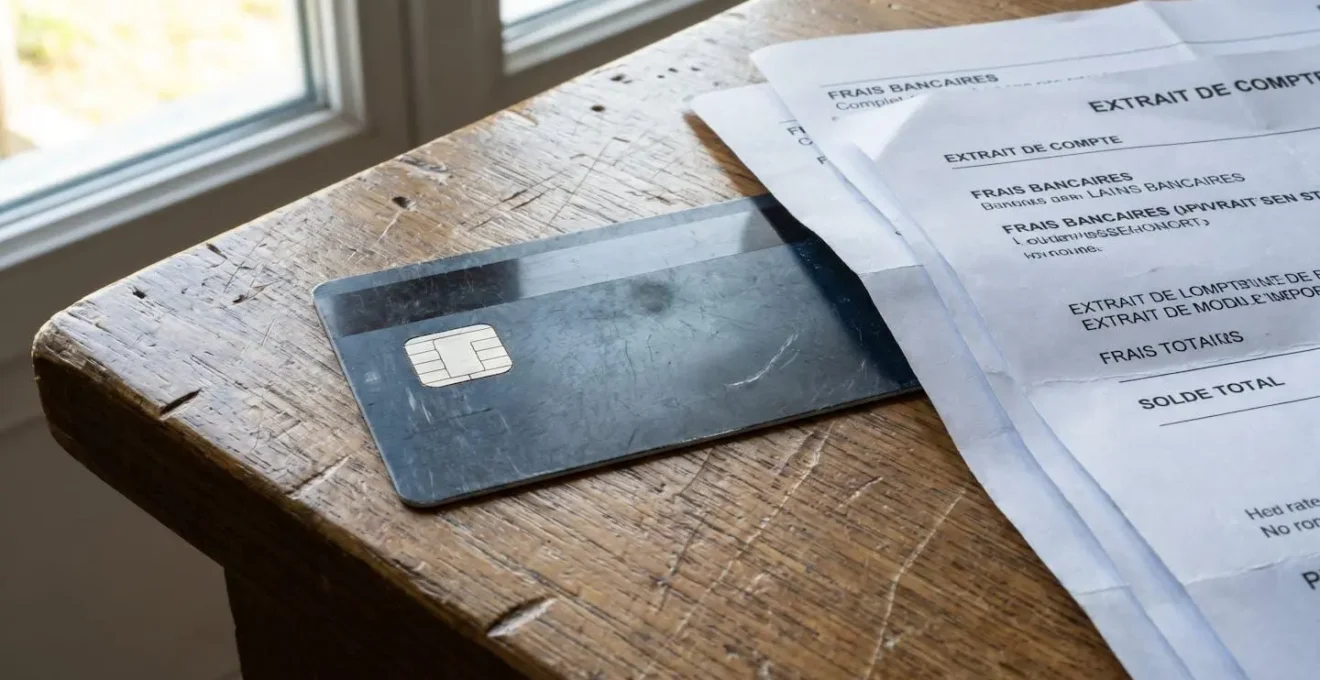 Carte bancaire professionnelle posée sur des relevés de compte montrant les frais de tenue de compte mensuels