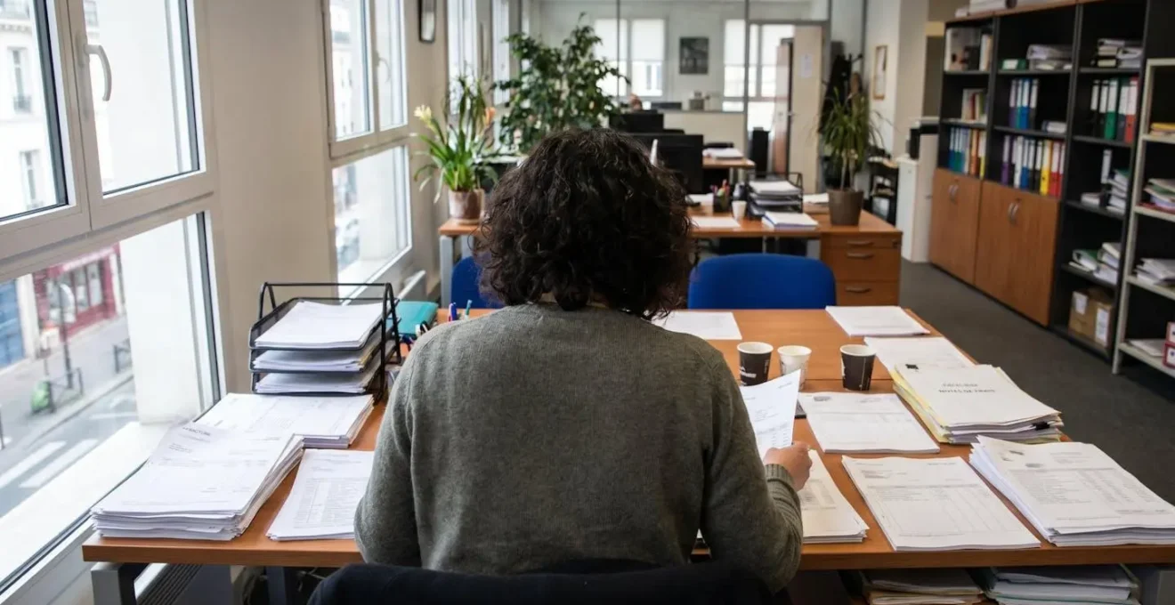 Personne de dos travaillant sur des documents comptables et factures étalés sur son bureau dans un environnement de travail contemporain