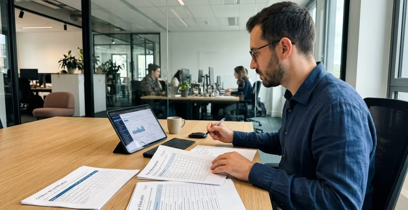 Professionnel (vu de profil) consultant des documents de certification et une grille de critères qualité sur un bureau contemporain.