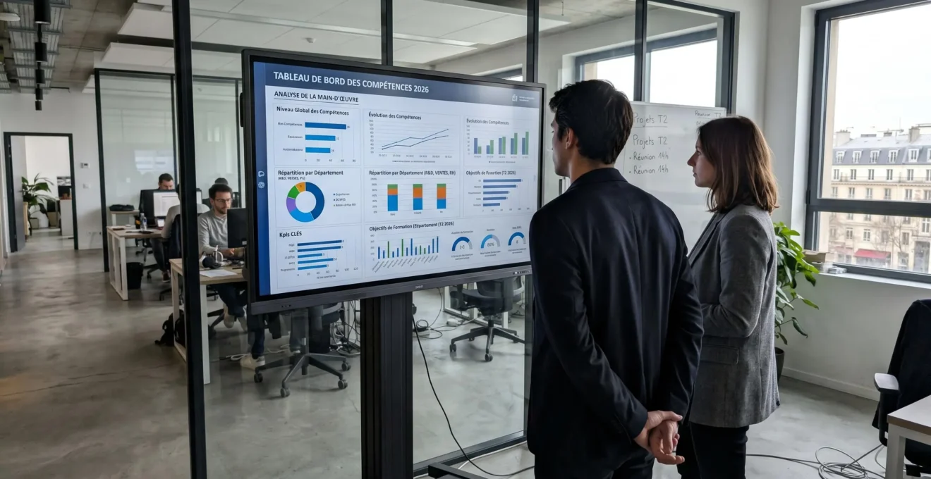 Deux professionnels (vus de dos) analysent un tableau de bord de compétences professionnelles sur grand écran dans un bureau moderne.