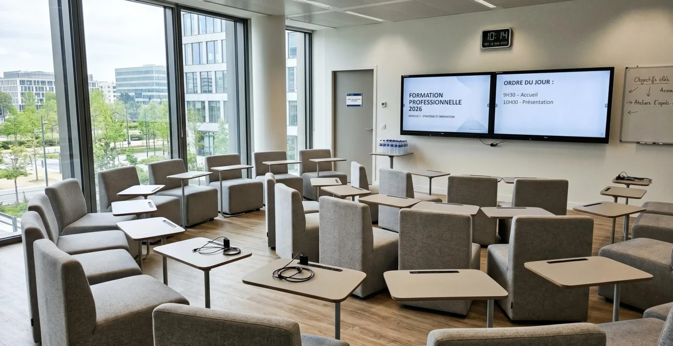 Salle de formation professionnelle contemporaine vide, équipée d'écrans interactifs et d'un mobilier modulaire, baignée de lumière naturelle.