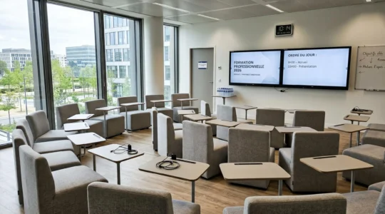 Salle de formation professionnelle contemporaine vide, équipée d'écrans interactifs et d'un mobilier modulaire, baignée de lumière naturelle.