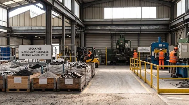 Atelier de fabrication d'équipements routiers avec stocks de matériaux recyclés au premier plan
