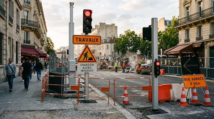 Équipements de signalisation routière biosourcés installés sur un chantier d'aménagement urbain