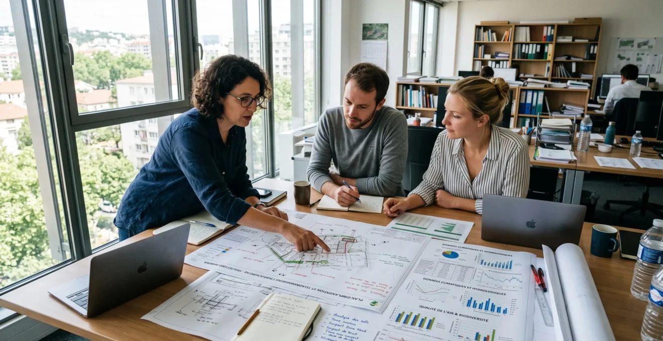 Réunion de travail dans un bureau d'études avec plans techniques d'équipements routiers et documents ACV
