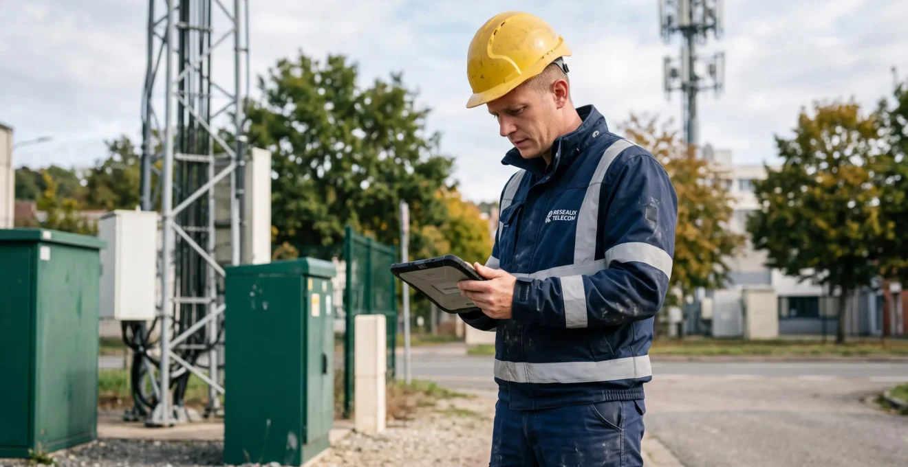 Technicien télécoms consultant application mobile cloud pendant intervention sur antenne relais