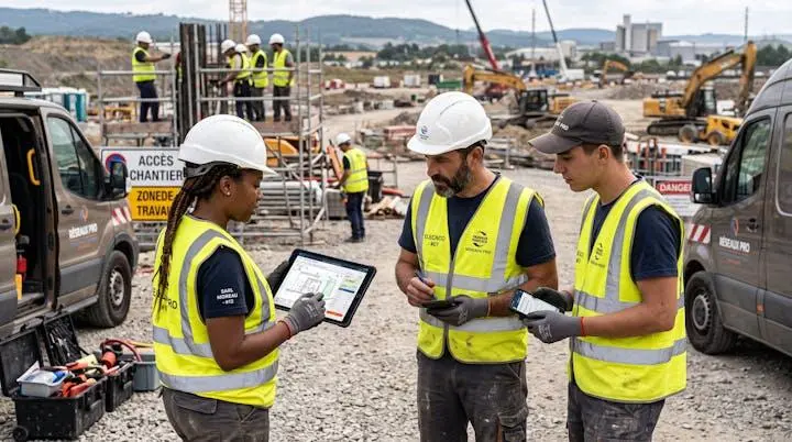Techniciens sur différents sites utilisant tablettes et smartphones connectés au cloud