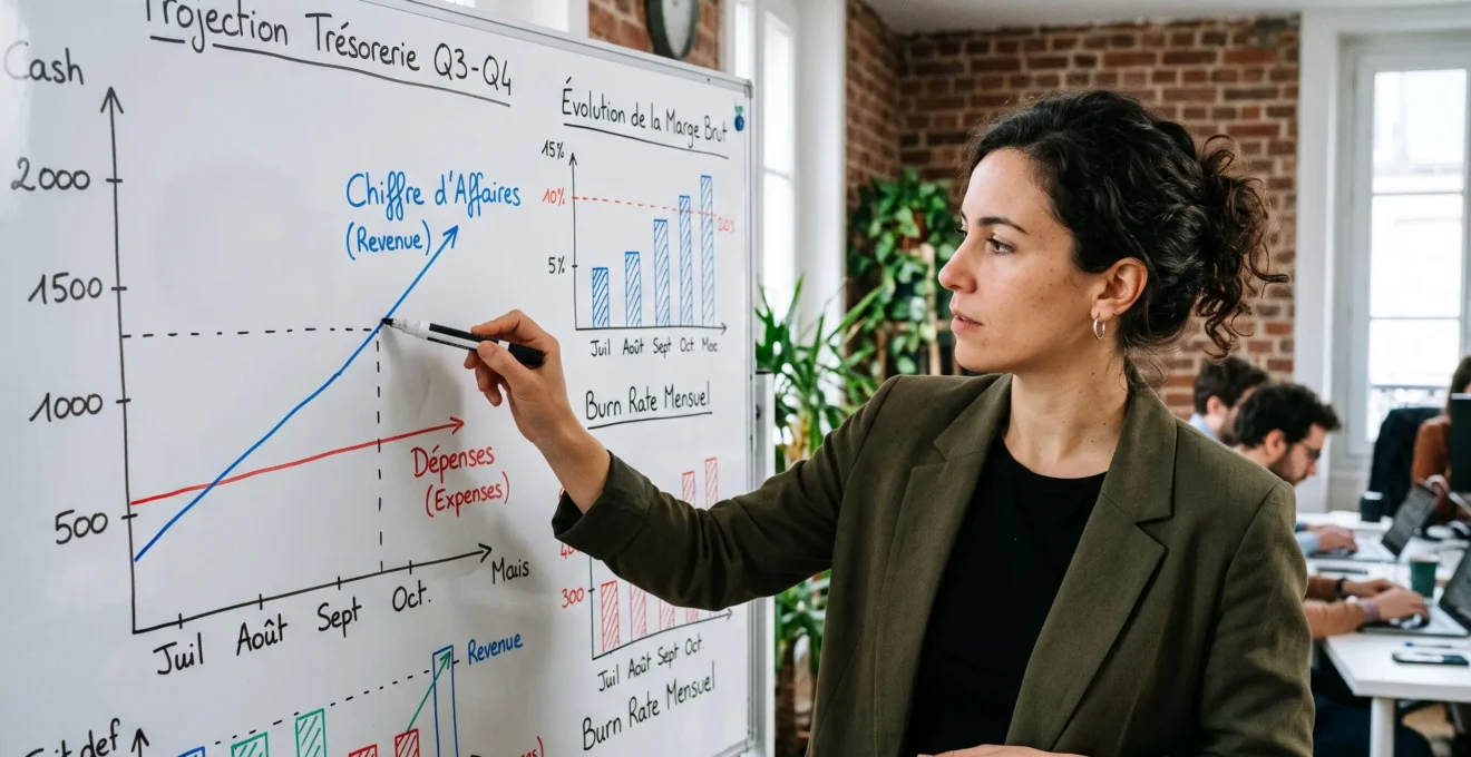 Startup CFO analyzing cash flow projections on a whiteboard showing revenue and expense timelines.