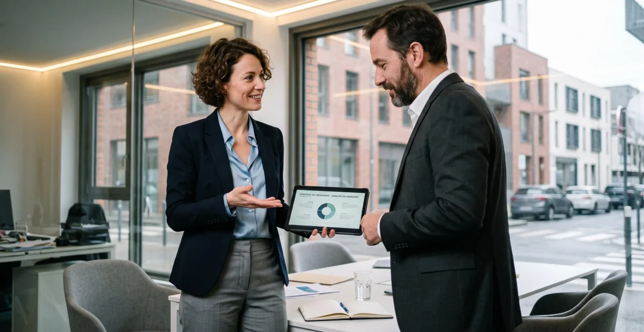 Sales professional demonstrating a solution to a potential client during a business meeting.