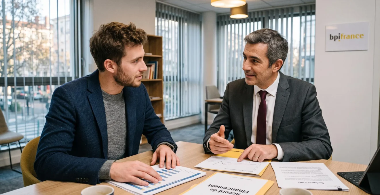 Entrepreneur in consultation with a financing advisor reviewing business development options in a professional office.
