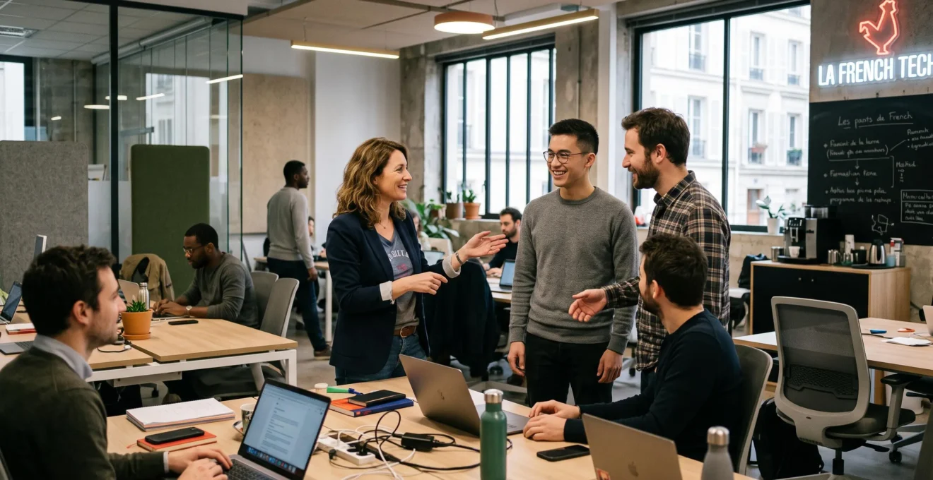 Manager welcoming a new team member during onboarding in a French startup office workspace.