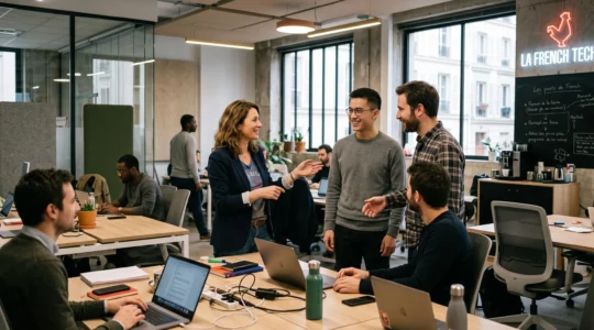Manager welcoming a new team member during onboarding in a French startup office workspace.